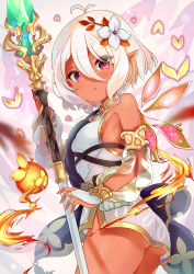Rule 34 | 1girl, :o, alternate color, alternate hair color, alternate skin color, ass, bridal gauntlets, commentary request, dark-skinned female, dark skin, detached sleeves, flower, hair between eyes, hair flower, hair ornament, highres, holding, holding staff, kokkoro (princess connect!), looking at viewer, pink eyes, pointy ears, princess connect!, see-through, see-through sleeves, short hair, solo, staff, thighs, twitter username, white hair, white sleeves, xephonia