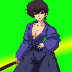 Rule 34 | 1girl, black eyes, black hair, blue hakama, bokken, breasts, closed mouth, cowboy shot, genderswap, genderswap (mtf), green background, hakama, hakama skirt, hand on own hip, holding, japanese clothes, kunou tatewaki, long sleeves, looking at viewer, medium breasts, open clothes, open shirt, oversized clothes, ranma 1/2, shirt, short hair, simple background, skirt, smile, solo, standing, sword, wanta (futoshi), weapon, wide sleeves, wooden sword