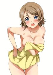Rule 34 | 10s, 1girl, absurdres, blue eyes, blush, breasts, brown hair, cleavage, collarbone, completely nude, covering privates, covering breasts, highres, leaning forward, legs together, looking at viewer, love live!, love live! sunshine!!, medium breasts, naked towel, nude, nude cover, open mouth, sankuro (agoitei), scan, shiny skin, short hair, simple background, solo, thigh gap, towel, watanabe you, white background, yellow towel