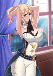 Rule 34 | 1girl, absurdres, armpits, arms up, artist name, bare arms, belt, blonde hair, blue eyes, breasts, chungmechanic, cleavage, closed mouth, corset, cowboy shot, cross, cross earrings, curtains, detached collar, earrings, genshin impact, highres, huge filesize, jean (genshin impact), jewelry, large breasts, looking at viewer, mouth hold, pants, patreon logo, short hair, short ponytail, sidelocks, smile, solo, strapless, tying hair, white pants, window