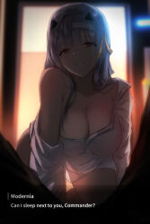 Rule 34 | 1boy, 1girl, absurdres, bandaged head, bandages, bare shoulders, blurry, breasts, cleavage, collarbone, commander (nikke), depth of field, english text, goddess of victory: nikke, grey hair, grin, hair ribbon, highres, large breasts, long hair, looking at viewer, modernia (first affection) (nikke), modernia (nikke), nemo (aeon2801), off shoulder, official alternate costume, red eyes, ribbon, shirt, sidelocks, smile, solo focus, white shirt, yellow ribbon
