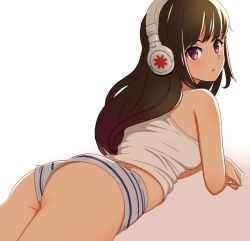 Rule 34 | 1girl, ass, bad id, bad twitter id, black hair, blue panties, closed mouth, commentary, dutch angle, from behind, headphones, katouken (ktn-works), light frown, long hair, looking at viewer, looking back, lying, on stomach, original, panties, purple eyes, shirt, solo, striped clothes, striped panties, tank top, underwear, white background, white shirt