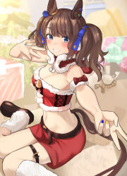 Rule 34 | 1girl, alternate costume, animal ears, arm garter, asymmetrical bangs, belt, blue eyes, blurry, blurry background, blush, box, breasts, brown footwear, brown hair, christmas, cleavage, detached hood, gift, gift box, grin, groin, highres, horse ears, horse girl, horse tail, leg warmers, long hair, medium breasts, midriff, miniskirt, multicolored nails, navel, outstretched arm, pencil skirt, red skirt, sack, santa costume, shoes, sitting, skirt, smile, solo, solokitsune, strapless, tail, tosen jordan (umamusume), tube top, twintails, umamusume, v, w, wariza