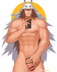 Rule 34 | 1boy, abs, bara, brown hair, camera, censored, dungeon and fighter, erection, facial hair, green eyes, jin (id=10233939), male focus, male slayer (dungeon and fighter), muscular, naughty face, nipples, nude, penis, phone, simple background, slayer (dungeon and fighter), solo, spiked hair, tagme, tongue, tongue out, white background
