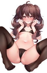 Rule 34 | 1girl, :q, ahoge, bikini, blush, breasts, brown bikini, brown hair, brown thighhighs, cameltoe, closed mouth, flower-shaped pupils, genshin impact, hair between eyes, highres, holding, holding own hair, hu tao (genshin impact), long hair, looking at viewer, navel, no shoes, pinki o64, red eyes, simple background, small breasts, smile, solo, stomach, string bikini, swimsuit, symbol-shaped pupils, thighhighs, tongue, tongue out, twintails, white background