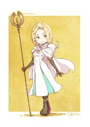 Rule 34 | 1girl, blonde hair, chibi, cleric, dress, gloves, jewelry, long hair, octopath traveler, octopath traveler i, ophilia (octopath traveler), priestess, short hair, shouta (shbz), simple background, smile, solo, staff