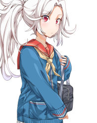 Rule 34 | 1girl, alternate costume, alternate hairstyle, bag, blue sweater, breasts, commentary request, dulldull, girls&#039; frontline, hair up, highres, korean commentary, long hair, long sleeves, looking at viewer, makarov (girls&#039; frontline), neckerchief, ponytail, red eyes, red sailor collar, sailor collar, school uniform, serafuku, shoulder bag, sleeves past wrists, small breasts, solo, sweater, upper body, white background, white hair, yellow neckerchief