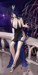 Rule 34 | 1girl, a.t. zero, absurdres, bare shoulders, black dress, breasts, choker, cleavage, clorinde (genshin impact), collarbone, dress, feather hair ornament, feathers, full body, genshin impact, hair between eyes, hair ornament, highres, large breasts, long hair, looking at viewer, low ponytail, parted bangs, purple eyes, purple hair, smile, solo
