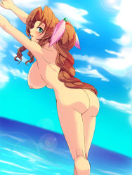 Rule 34 | 1990s (style), 1girl, aerith gainsborough, ass, breasts, brown hair, cloud, female focus, final fantasy, final fantasy vii, gradient background, green eyes, hair ornament, hair ribbon, long hair, nipples, nude, ocean, outdoors, ponytail, retro artstyle, ribbon, sky, solo, water