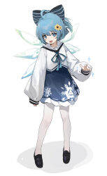 Rule 34 | 1girl, ahoge, alternate costume, blue bow, blue eyes, blue hair, blue ribbon, blush, bow, buttons, cirno, flower, full body, hair bow, hair flower, hair ornament, highres, ice, ice wings, loafers, long sleeves, looking at viewer, neck ribbon, open mouth, pantyhose, ponytail, puffy long sleeves, puffy sleeves, ribbon, school uniform, serafuku, shoes, short hair, siyumu, snowflake print, solo, striped, striped bow, touhou, white background, white pantyhose, wings, yellow flower