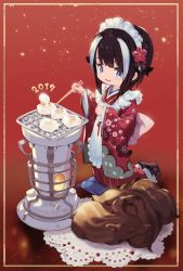 Rule 34 | 1girl, 2019, animal, animal ears, apron, bad id, bad pixiv id, blanco026, blue eyes, boar, brown hair, chinese zodiac, chopsticks, commentary, cooking, cushion, extra ears, floral print, flower, food, grill, grilling, hair flower, hair ornament, highres, holding, holding chopsticks, japanese clothes, kimono, kneeling, long sleeves, looking at viewer, maid, maid headdress, multicolored hair, nengajou, new year, open mouth, original, red background, red kimono, sandals, smile, solo, streaked hair, tabi, tofu, two-tone hair, wa maid, white hair, wide sleeves, wooden floor, year of the pig
