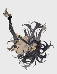 Rule 34 | 1girl, absurdres, ankle boots, armored boots, ass, asymmetrical legwear, bad id, bad pixiv id, bare shoulders, black hair, black ribbon, black sleeves, black thighhighs, boots, breasts, brown footwear, earrings, eyebrows hidden by hair, fate/grand order, fate (series), grey background, hair ribbon, high heel boots, high heels, highres, hoop earrings, ishtar (fate), jewelry, knee up, leg up, legs up, long hair, long sleeves, nail polish, red eyes, red nails, revealing clothes, ribbon, simple background, single sleeve, single thighhigh, small breasts, solo, thighhighs, thighhighs under boots, two side up, very long hair, zhibuji loom