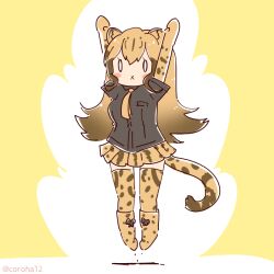 Rule 34 | 1girl, animal ears, arms up, blonde hair, cheetah ears, cheetah girl, cheetah print, cheetah tail, coroha, elbow gloves, extra ears, full body, gloves, jumping, kemono friends, kemono friends 3, king cheetah (kemono friends), long hair, looking at viewer, necktie, shirt, shoes, simple background, skirt, solo, tail, thighhighs, yellow background