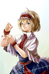 Rule 34 | 1girl, ahoge, alice margatroid, aqua eyes, bad id, bad pixiv id, blonde hair, capelet, dress, eredhen, fingernails, hairband, looking at viewer, mouth hold, nail polish, puppet strings, red nails, short hair, solo, touhou, upper body
