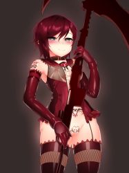 Rule 34 | 1girl, black hair, blush, breasts, clothes, corruption, dress, elbow gloves, gloves, grey eyes, heart, heart-shaped pupils, heart tattoo, highres, ndgd, nipples, pubic tattoo, pussy, pussy juice, ruby rose, rwby, scythe, see-through, short hair, smile, solo, suspenders, symbol-shaped pupils, tattoo, thighhighs, uncensored