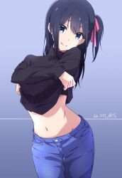 Rule 34 | 1girl, artist name, black hair, black jacket, blue background, blue eyes, clothes lift, dated, denim, hair ornament, highres, jacket, jeans, lifted by self, long sleeves, navel, nii manabu, original, pants, ponytail, shirt lift, smile, solo, split mouth