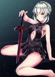 Rule 34 | 1girl, :&lt;, arm support, artoria pendragon (all), artoria pendragon (alter swimsuit rider) (fate), artoria pendragon (alter swimsuit rider) (first ascension) (fate), artoria pendragon (fate), black dress, blush, braid, breasts, cleavage, cleavage cutout, clothing cutout, covered navel, dress, excalibur morgan (fate), fate/grand order, fate (series), french braid, highres, looking at viewer, medium breasts, saber (fate), saber alter, sideboob, siroimo0828, sitting, solo, white hair, yellow eyes, yokozuwari