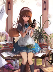 Rule 34 | 1girl, apron, black-framed eyewear, black socks, blue dress, book, book stack, bowl, brown eyes, brown hair, bubble, camera, chair, dress, flower, frilled apron, frills, glasses, highres, holding, hydrangea, indoors, instrument, kneehighs, lamp, lampshade, light smile, long hair, looking at viewer, maid, maid apron, maid headdress, marker, ooi choon liang, original, paper, plant, potted plant, sitting, smile, soap bubbles, socks, solo, table, tissue, tissue box, transparent, trumpet, vase, window, wing collar