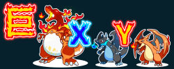 Rule 34 | absurdres, black background, blue eyes, blue fire, charizard, claws, creatures (company), fire, fukidashi cotton, game freak, gen 1 pokemon, gigantamax, gigantamax charizard, highres, mega charizard x, mega charizard y, mega pokemon, nintendo, no humans, outline, pokemon, pokemon (creature), red eyes, tail, translation request, wings