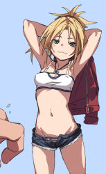 Rule 34 | 1girl, :3, aqua eyes, armpits, arms behind head, arms up, bandeau, bare shoulders, blonde hair, breasts, cowboy shot, cutoffs, denim, denim shorts, fate/grand order, fate (series), fu-ta, groin, jacket, jewelry, long hair, looking at viewer, midriff, mordred (fate), mordred (fate/apocrypha), mordred (memories at trifas) (fate), navel, necklace, open fly, panties, ponytail, red jacket, short shorts, shorts, small breasts, smile, solo, stomach, striped clothes, striped panties, thighs, underwear, unworn jacket