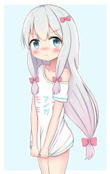 Rule 34 | 1girl, :t, blue eyes, blush, bow, closed mouth, clothes writing, collarbone, commentary request, covering privates, covering crotch, eromanga sensei, gradient hair, hair between eyes, hair bow, highres, izumi sagiri, jiu (sdesd3205), long hair, low-tied long hair, multicolored hair, nose blush, off shoulder, outline, pink bow, pink hair, pout, shirt, shirt tug, short sleeves, sidelocks, silver hair, solo, very long hair, white outline, white shirt