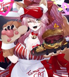 Rule 34 | 1girl, animal ear fluff, animal ears, animal hands, bell, blush, breasts, burger, cat paws, cleavage, collar, collarbone, dress, fangs, fate/grand order, fate (series), food, fox ears, fox girl, fox tail, french fries, gloves, heart, highres, jingle bell, large breasts, long hair, looking at viewer, miya 28o, neck bell, one eye closed, open mouth, paw gloves, pink hair, ponytail, solo, striped clothes, striped dress, tail, tamamo (fate), tamamo cat (fate), tamamo cat (lostroom outfit) (fate), visor cap, yellow eyes