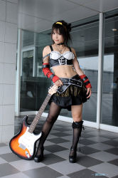 Rule 34 | 1girl, asian, belt, breasts, cosplay, elbow gloves, female focus, fishnet thighhighs, fishnets, full body, gloves, guitar, hairband, indoors, instrument, kipi-san, looking at viewer, mary janes, midriff, photo (medium), shoes, single thighhigh, small breasts, solo, standing, suzumiya haruhi, suzumiya haruhi (cosplay), suzumiya haruhi no yuuutsu, thighhighs