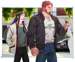 Rule 34 | 2boys, puff of air, beard, contemporary, couple, denim, facial hair, fate/zero, fate (series), feet out of frame, holding hands, interlocked fingers, iskandar (fate), jacket, jeans, jeje (pixiv12541114), large pectorals, lord el-melloi ii, male focus, mature male, multiple boys, muscular, muscular male, open clothes, open jacket, pants, pectoral cleavage, pectorals, red eyes, red hair, shirt, short hair, waver velvet, white shirt, winter clothes, yaoi