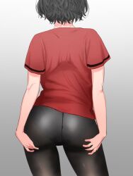 Rule 34 | 1girl, ass, ass focus, black hair, black pantyhose, crotch seam, female focus, from behind, gradient background, grey background, hands on own ass, highres, kaban (kemono friends), kemono friends, panties, pantyhose, red shirt, see-through, shirt, short hair, short sleeves, solo, sticky shiso, underwear