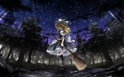 Rule 34 | 1girl, apron, back bow, black dress, black footwear, black hat, blonde hair, boots, bow, broom, brown eyes, closed mouth, dress, forest, full body, hat, hat bow, highres, holding, holding broom, kirisame marisa, light frown, long hair, looking at viewer, nature, night, night sky, outdoors, puffy short sleeves, puffy sleeves, shirt, short sleeves, sky, solo, star (sky), starry sky, suna (s73d), touhou, waist apron, white apron, white bow, white shirt, witch hat