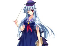 Rule 34 | 1girl, blue hair, book, breasts, cleavage, female focus, game cg, hat, kamishirasawa keine, large breasts, long hair, one eye closed, red eyes, riv (rivleaf), smile, solo, stick, tachi-e, touhou, transparent background, wink