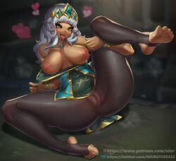 Rule 34 | 1girl, ass, breasts, breasts out, cameltoe, cleft of venus, crown, curvy, feet, green eyes, heart, heart-shaped pupils, huge ass, jewelry, large breasts, league of legends, long hair, necklace, nipples, niur, pants, qiyana (league of legends), saliva, sitting, spread legs, symbol-shaped pupils, thick thighs, thighs, tight clothes, tight pants, toenails, toes, tongue, tongue out, white hair, wide hips