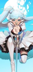 Rule 34 | 1girl, blue eyes, blue hair, boots, character name, copyright name, dress, floating hair, highres, holding, holding sword, holding weapon, layered dress, long hair, long sleeves, on one knee, rwby, scar, scar across eye, scar on face, short dress, side ponytail, solo, swept bangs, sword, thigh boots, thighhighs, uyalago, very long hair, weapon, weiss schnee, white dress, white footwear