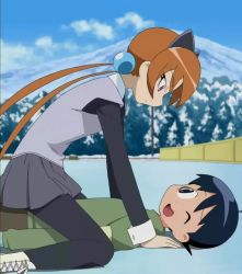 Rule 34 | 1boy, 1girl, alisa southerncross, animal ears, cat ears, cloud, girl on top, hinata fuyuki, ice, keroro gunsou, mountain, outdoors, screencap, sexually suggestive, snow, stitched, third-party edit, wince, wink