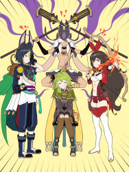 Rule 34 | 2boys, 2girls, amber (genshin impact), asymmetrical sleeves, black dress, black gloves, black hair, blue footwear, blue pants, boots, bow (weapon), breasts, brown eyes, brown thighhighs, collei (genshin impact), cropped jacket, cyno (genshin impact), drawing bow, dress, emphasis lines, fire, genshin impact, gloves, goggles, goggles around neck, green hair, grey eyes, hair between eyes, hair over one eye, hair ribbon, hairband, highres, holding, holding bow (weapon), holding weapon, jacket, kooan, long hair, long sleeves, medium breasts, multicolored hair, multiple boys, multiple girls, pants, puffy pants, red hairband, red jacket, red ribbon, red shorts, red thighhighs, ribbon, short shorts, short sleeves, shorts, sitting, stool, streaked hair, thigh boots, thighhighs, tighnari (genshin impact), v-shaped eyebrows, very long hair, weapon, white footwear, white gloves, white hair