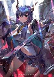 Rule 34 | 1girl, arknights, bare shoulders, black gloves, black jacket, black shorts, blue hair, breasts, ch&#039;en (arknights), collared shirt, copyright name, fingerless gloves, floating hair, gloves, holding, holding sword, holding weapon, horns, jacket, large breasts, long hair, long sleeves, looking at viewer, navel, necktie, off shoulder, open clothes, open jacket, outstretched arms, red eyes, shirt, short shorts, shorts, sleeveless, sleeveless shirt, solo, stomach, sword, thighs, v-shaped eyebrows, walkie-talkie, weapon, white shirt, yoshimoto (dear life)