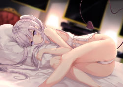 Rule 34 | 1girl, absurdres, ass, bare arms, bare legs, bed, bed sheet, blurry, blurry background, camisole, commentary request, demon tail, emimeku, hair between eyes, highres, indoors, long hair, looking at viewer, lying, on side, original, panties, pillow, purple eyes, solo, tail, thighs, underwear, white camisole, white hair, white panties