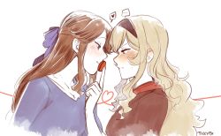 Rule 34 | ..., 2girls, black hairband, blonde hair, blush, brown hair, cardigan, finger to another&#039;s mouth, food, forehead-to-forehead, from side, hair ribbon, hairband, heads together, heart, highres, imminent kiss, long hair, looking at another, macaron, multiple girls, nose blush, purple eyes, red eyes, ribbon, saijou claudine, shoujo kageki revue starlight, spoken heart, string, string of fate, sweatdrop, tendou maya, ticcy, yuri