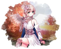 Rule 34 | 1girl, absurdres, autumn leaves, bare shoulders, blunt bangs, bridal gauntlets, cape, closed mouth, clothing request, commentary request, detached sleeves, dot nose, dress, flower, green eyes, hair flower, hair ornament, hand on own chest, highres, korean text, likameri025, looking at viewer, lost ark, outdoors, pink hair, see-through, single bridal gauntlet, sitting, smile, solo, white dress, wings
