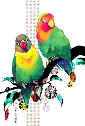 Rule 34 | animal, animal focus, bird, black eyes, branch, commentary request, eri na, feathers, gem, leaf, looking at viewer, no humans, original, parakeet, parrot, perching, sitting on branch, white background, white gemstone, yellow gemstone