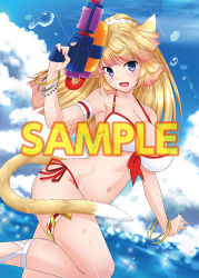 Rule 34 | 1girl, :d, animal ears, armband, bangle, bead bracelet, beads, bikini, blonde hair, blue eyes, blue sky, bracelet, breasts, cat ears, cat tail, character request, cloud, cloudy sky, copyright request, covered erect nipples, day, holding, holding water gun, horizon, izumi mahiru, jewelry, large breasts, lens flare, long hair, looking at viewer, navel, ocean, open mouth, outdoors, sample watermark, side-tie bikini bottom, sky, smile, solo, sparkle, sweat, swimsuit, tail, thigh strap, toranoana, water, water drop, water gun, watermark, wet
