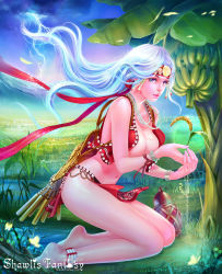 Rule 34 | 1girl, absurdres, anklet, barefoot, blue hair, bracelet, breasts, earrings, flower, hair ornament, headband, highres, jewelry, loincloth, long hair, lots of jewelry, nature, necklace, non-web source, open clothes, open shirt, original, pelvic curtain, shawli, shirt, sitting, solo, traditional clothes, tree, water, white hair