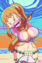 Rule 34 | 1girl, bdsm, bondage, bound, breasts, cleavage, closed eyes, highres, large breasts, long hair, midriff, nami (one piece), navel, one piece, one piece heart of gold, orange hair, ponytail, restrained, revealing clothes, shiny skin, struggling, thighs, tied up (nonsexual), very long hair, wide hips