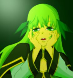 Rule 34 | 1girl, capelet, green background, green eyes, green hair, long hair, martel yggdrasill, open mouth, parody, tales of (series), tales of symphonia, yandere trance