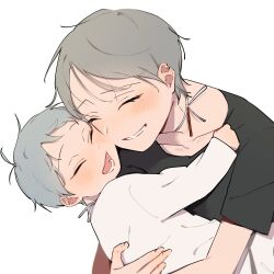 1boy 1girl aged_down alien_stage black_shirt blush carrying carrying_person choker closed_eyes commentary english_commentary grey_hair highres hug io_(alien_stage) katochuu long_sleeves mother_and_son open_mouth shirt short_hair short_sleeves simple_background smile till_(alien_stage) very_short_hair white_background white_shirt