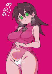 1girl ? ?? absurdres blush breasts breath brown_hair buzzlyears clothes_lift commentary dress dress_lift earrings green_eyes highres jewelry large_breasts long_hair looking_down mega_man_(series) mega_man_legends_(series) navel panties pink_dress purple_background ringed_eyes simple_background skull_brooch skull_earrings sleeveless sleeveless_dress solo tron_bonne_(mega_man) underwear white_panties