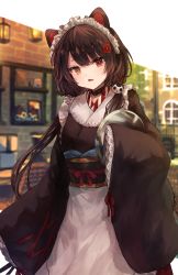 Rule 34 | 1girl, animal ears, apron, black collar, black hair, black kimono, blurry, blurry background, brown eyes, collar, depth of field, dog ears, dog hair ornament, fang, flower, hair flower, hair ornament, heterochromia, highres, holding, holding tray, inui toko, japanese clothes, kimono, long hair, long sleeves, low twintails, maid, maid headdress, makihitsuji, nijisanji, obi, parted lips, red eyes, red flower, sash, sleeves past fingers, sleeves past wrists, solo, tray, twintails, very long hair, virtual youtuber, wa maid, waist apron, white apron, wide sleeves