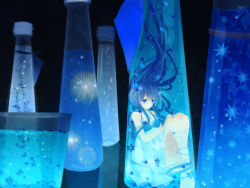 Rule 34 | 1girl, aerial fireworks, blue eyes, blue hair, bottle, dress, fireworks, floating, hands on own knees, in container, long hair, matching hair/eyes, original, sitting, smile, solo, very long hair, yuukichi