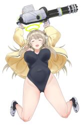 Rule 34 | 1girl, alternate costume, black socks, blue archive, breasts, cardigan, closed eyes, full body, gatling gun, halo, highres, jumping, kuma (jk0073), large breasts, nonomi (blue archive), one-piece swimsuit, shoes, simple background, socks, solo, swimsuit, weapon, white background