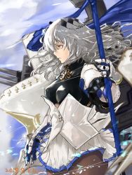 Rule 34 | 1girl, azur lane, bad id, bad twitter id, breasts, closed mouth, gauntlets, grey hair, hair between eyes, hair ornament, highres, holding, holding weapon, large breasts, long hair, miniskirt, mole, mqq11, pantyhose, pleated skirt, polearm, red eyes, saint-louis (azur lane), skirt, solo, weapon, white skirt